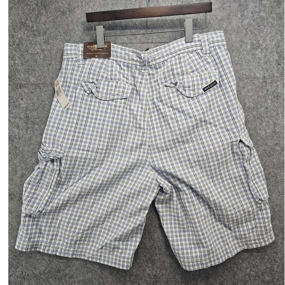 Ecko Unltd Mens Plaid Cargo Shorts Size 40 Bleach White Blue EK05910 NWT